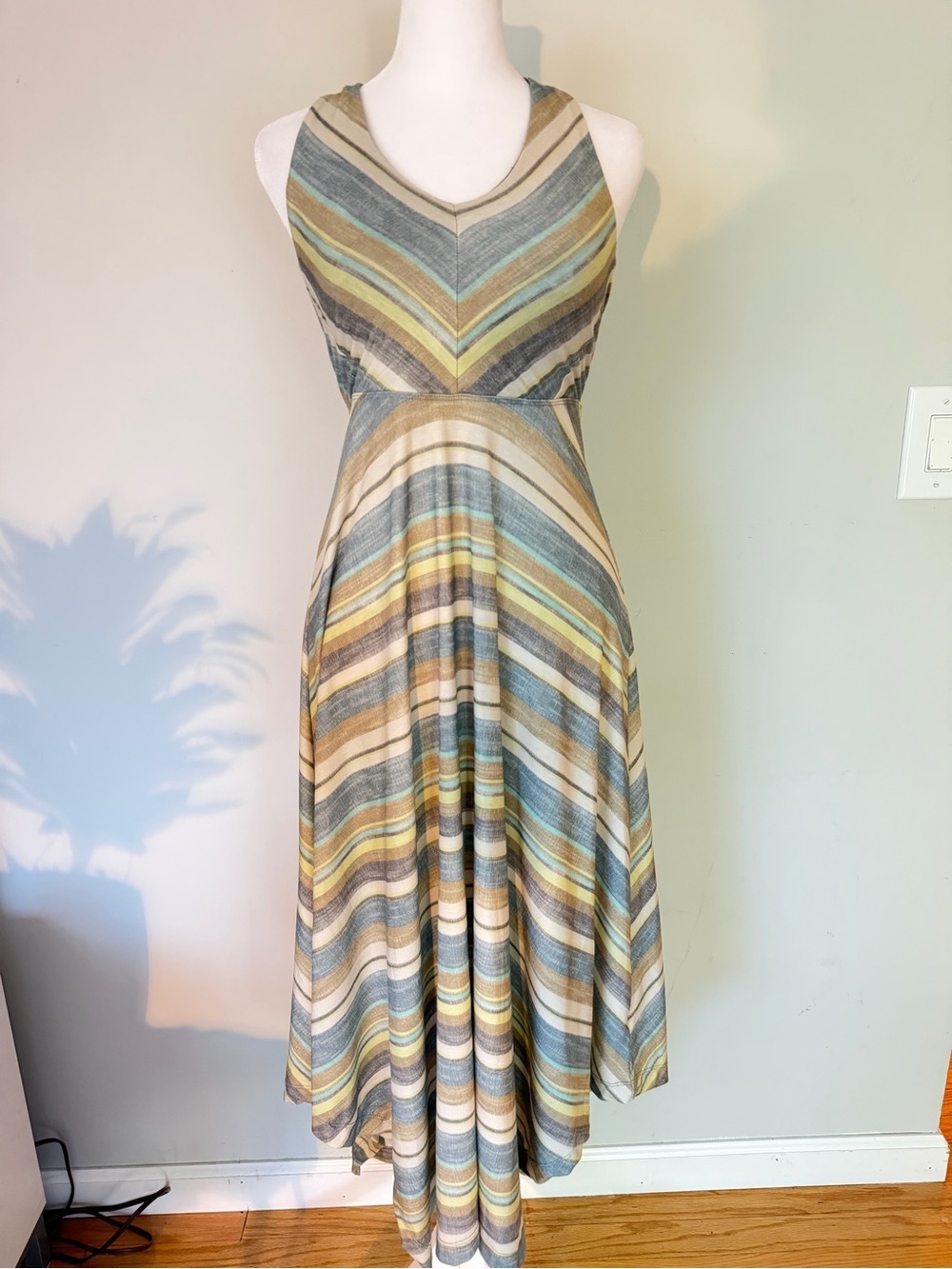 prAna Saxon Dress XS Striped Built-In Bra Handkerchief Hem Midi Maxi